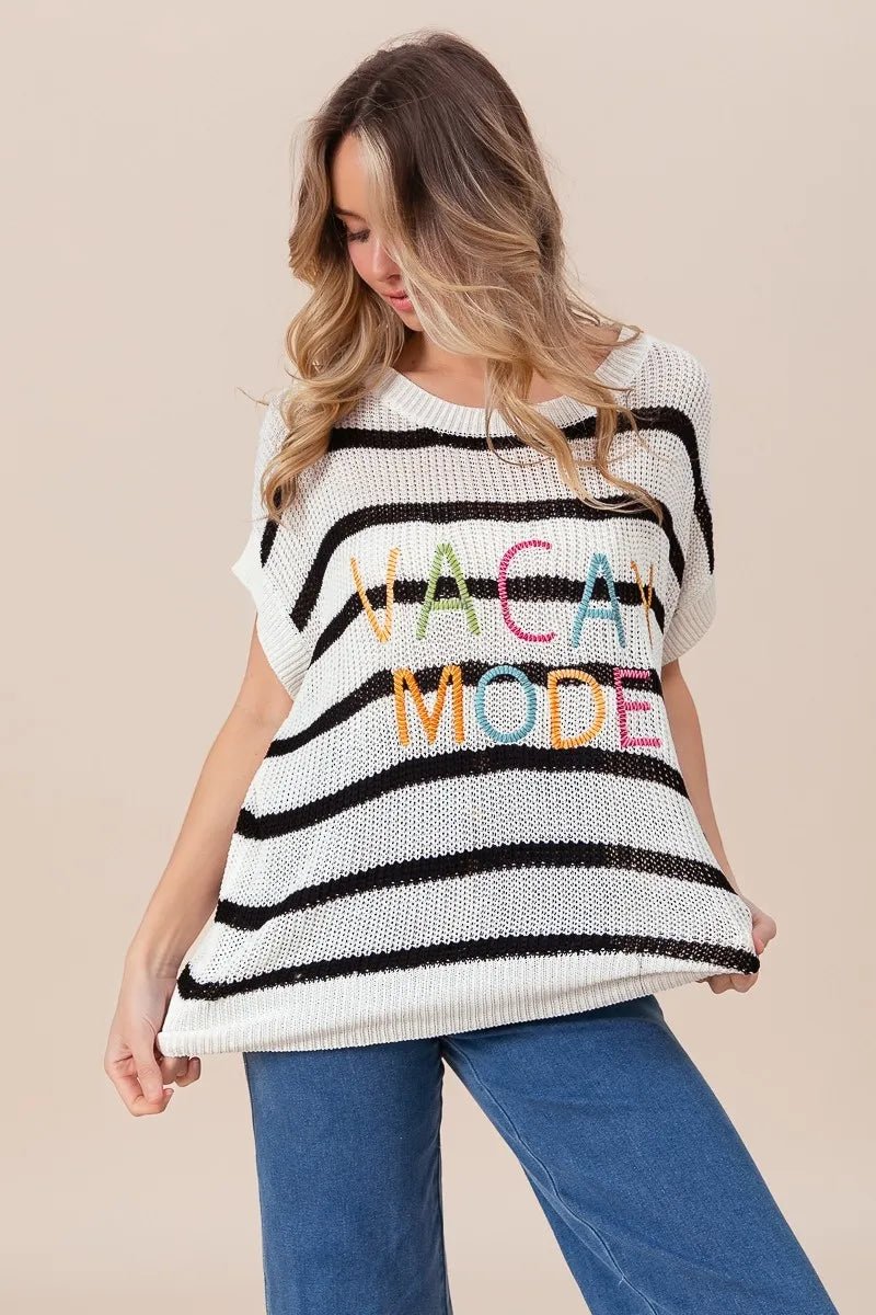 BiBi Vacay Mode Lettering Drop Shoulder Striped Sweater - Bela Fils BoutiqueBela Fils Boutique